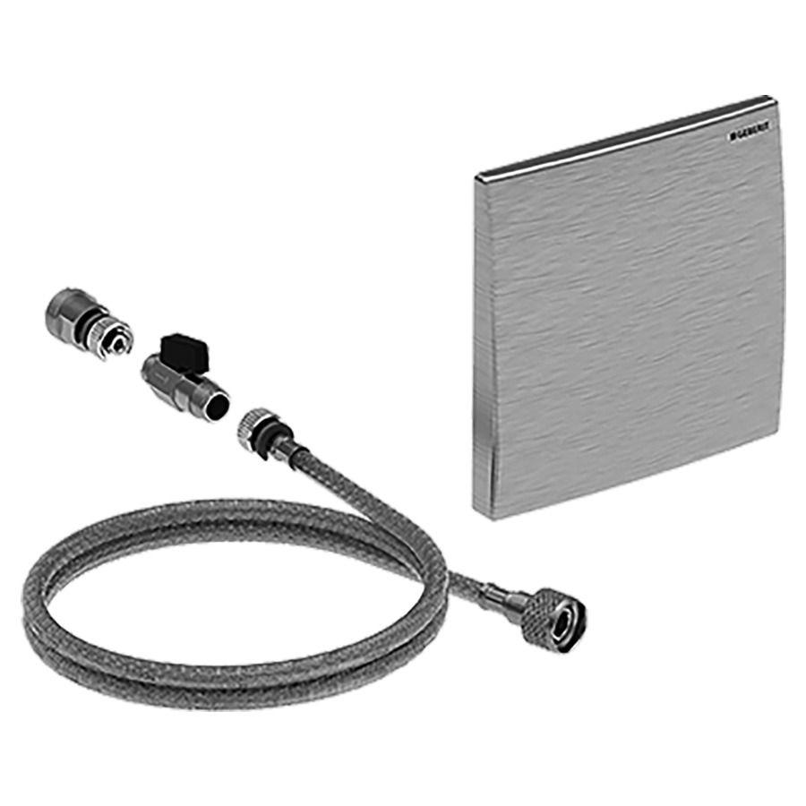 Set de rénovation GEBERIT
pour commande d'urinoir
plaque de recouvrement
16 x 16 cm, pour élément
d'installation ou set de
montage brut avec tube de
chasse, réduction G 3/4"-DN8
robinet à bille G 3/8", tuyau
renforcé 1/2"-3/8", plaque de
récouvrement
