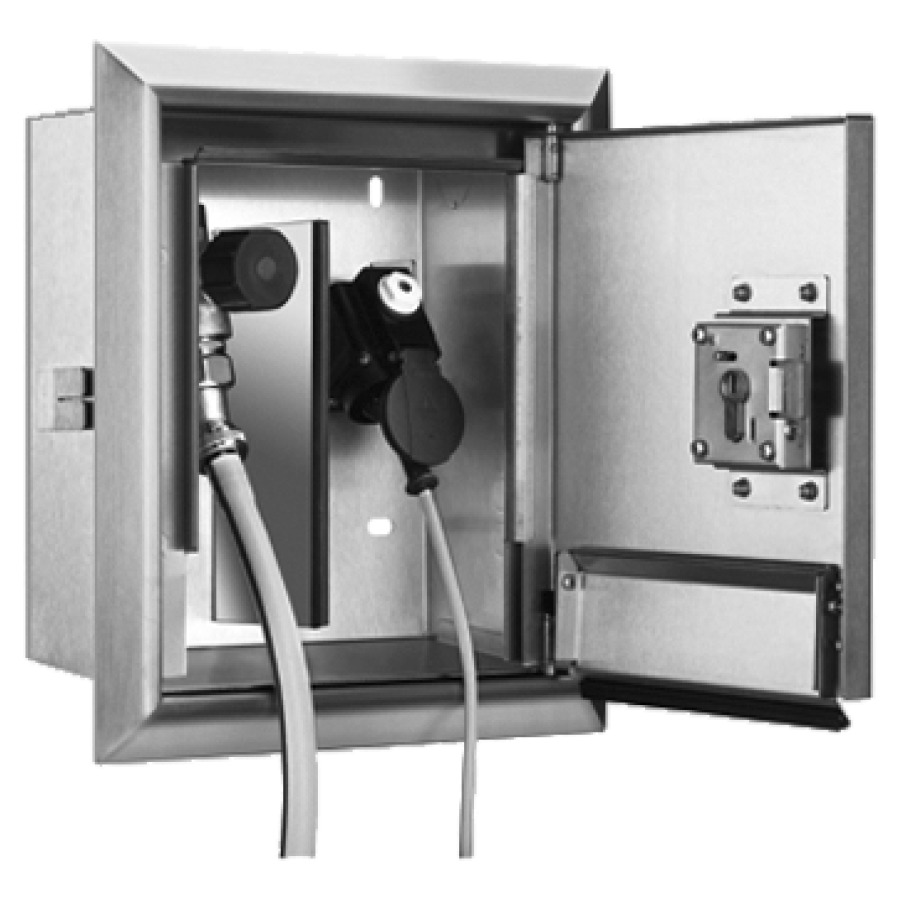 Armoire à encastr. MINI-TRESOR
24,5 x 28,35 x 12 cm, acier
inoxydable, robinet 1/2"
cadre 30 x 33,8 cm, porte
avec clapet de sécurité pour
raccordement tuyau d'eau et
câble électrique, serrure
prise électrique Schuko 230 V