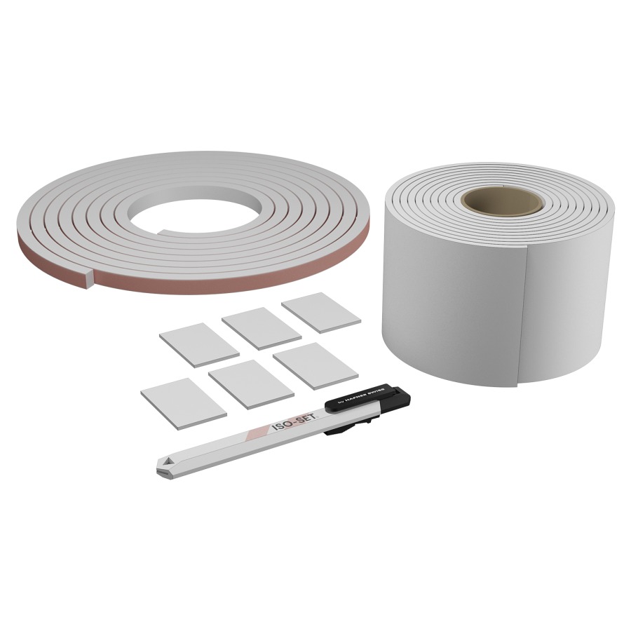 ISO-SET d'isolation phonique
pour support de baignoire
jusqu'à 190 x 90 cm
5.5 m bande de caoutchouc
6 coussins en mousse
3.9 m bande d'isolation murale
1 couteau, eco 2, SIA 181