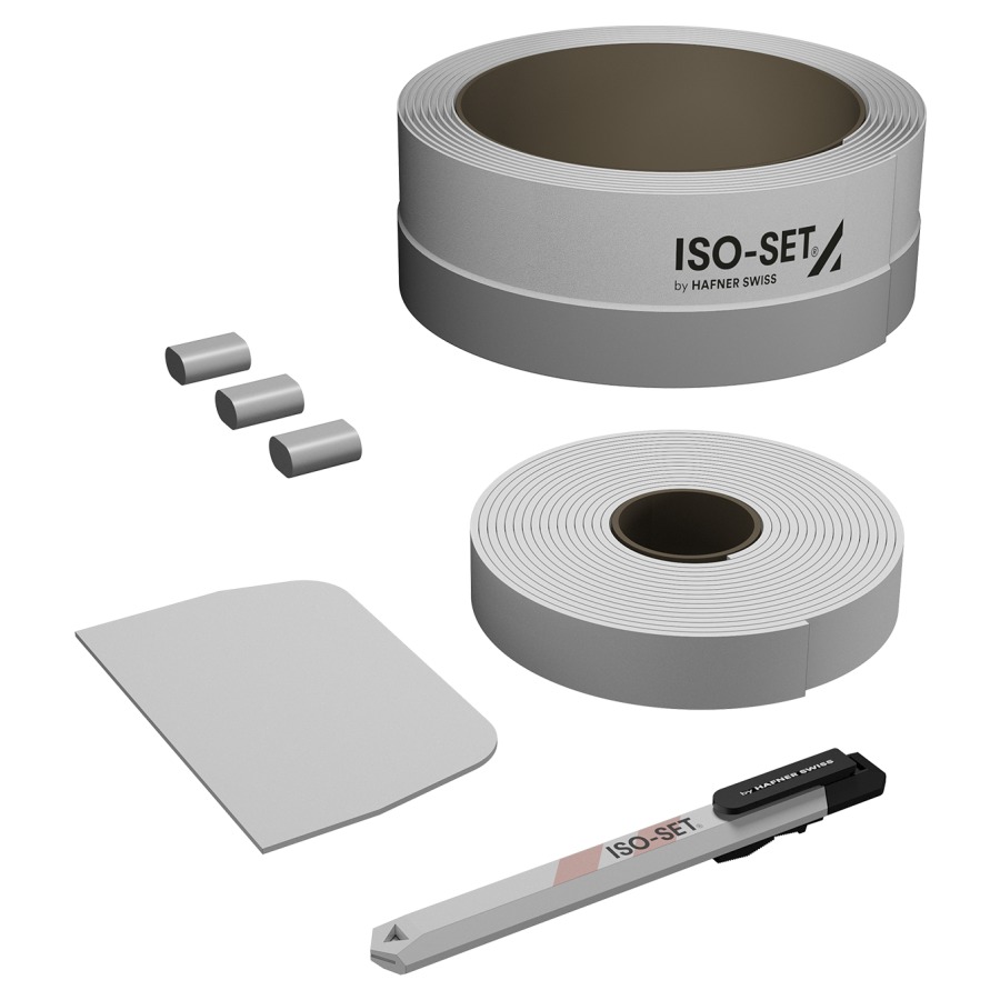 Ruban d'étanchéité ISO-SET
avec d'isolation phonique
3.8 m ruban d'étanchéité
pour rebords avec renforcement
et protection contre les coupures
3 joints d'angle
1 racelette pour presser, 1 couteau
eco 2, SIA 181, SIA 271/1