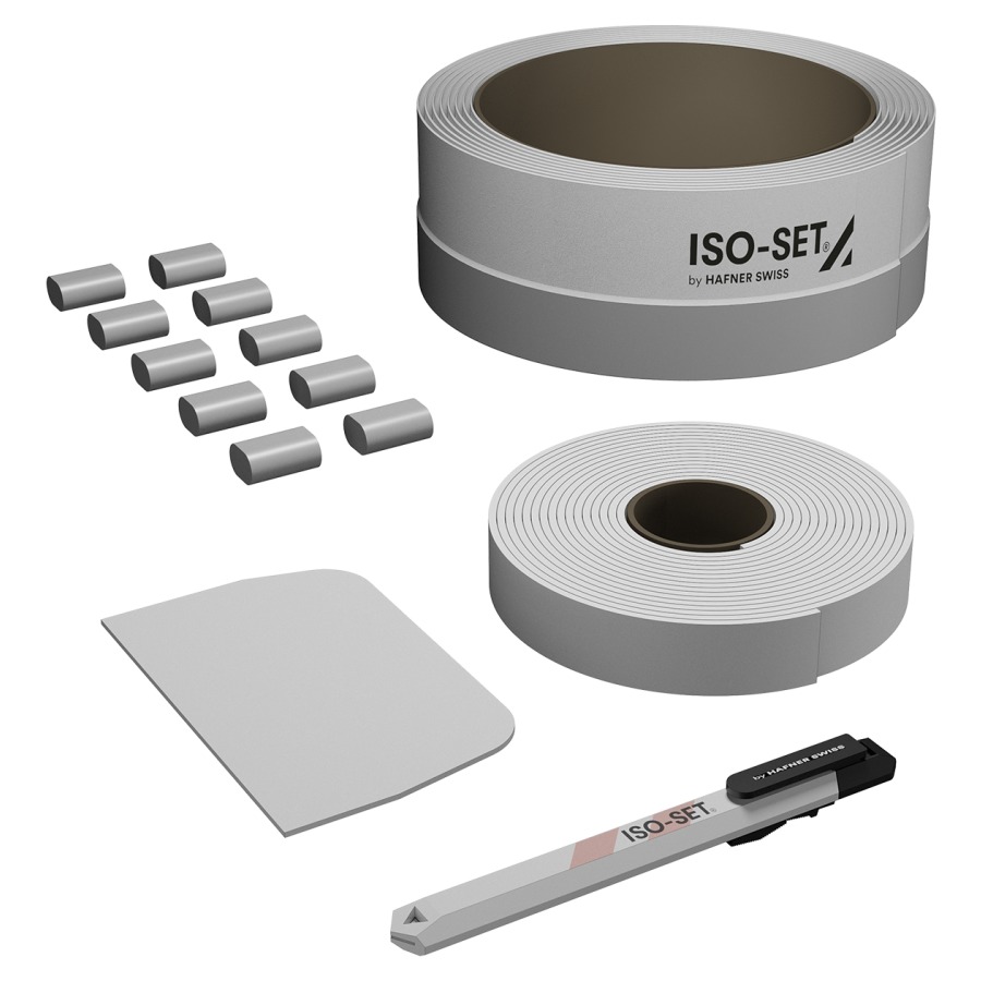 Ruban d'étanchéité ISO-SET
avec d'isolation phonique
20 m ruban d'étanchéité
pour rebords avec renforcement
et protection contre les coupures
20 m ruban de protection de
surface, 10 joints d'angle
1 racelette pour presser, 1 couteau
eco 2, SIA 181, SIA 271/1
