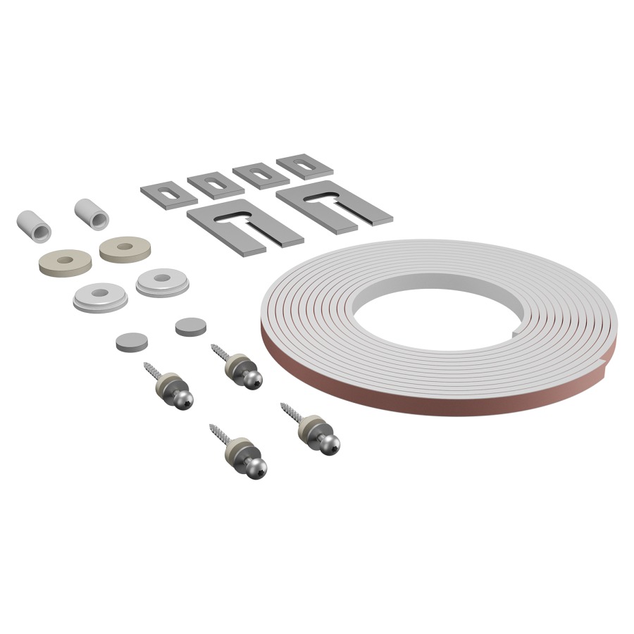 ISO-SET d'isolation phonique
pour meuble inférieur de
lavabo de 40-120 cm largeur
3.4 m ruban en caoutchouc
autocollant
2 bases pour consoles
2 douilles en caoutchouc
2 rondelles-U insonorisées
2 rondelles en caoutchouc
4 vis Iso
eco 2, pour exigences accrues selon SIA&nbsp;181