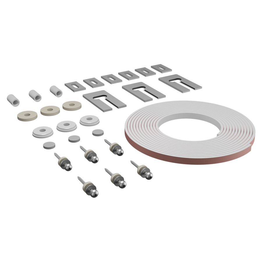 ISO-SET d'isolation phonique
pour meuble inférieur de
lavabo de 121-150 cm largeur
4,2 m ruban en caoutchouc
autocollant
3 bases pour consoles
3 douilles en caoutchouc
3 rondelles-U insonorisées
2 rondelles en caoutchouc
6 vis Iso
eco 2, pour exigences accrues selon SIA&nbsp;181
