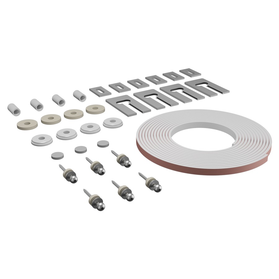 ISO-SET d'isolation phonique
pour meuble inférieur de
lavabo 151-200 cm largeur
5.6 m ruban en caoutchouc
autocollant
4 bases pour consoles
4 douilles en caoutchouc
4 rondelles-U insonorisées
3 rondelles en caoutchouc
6 vis Iso
eco 2, pour exigences accrues selon SIA&nbsp;181