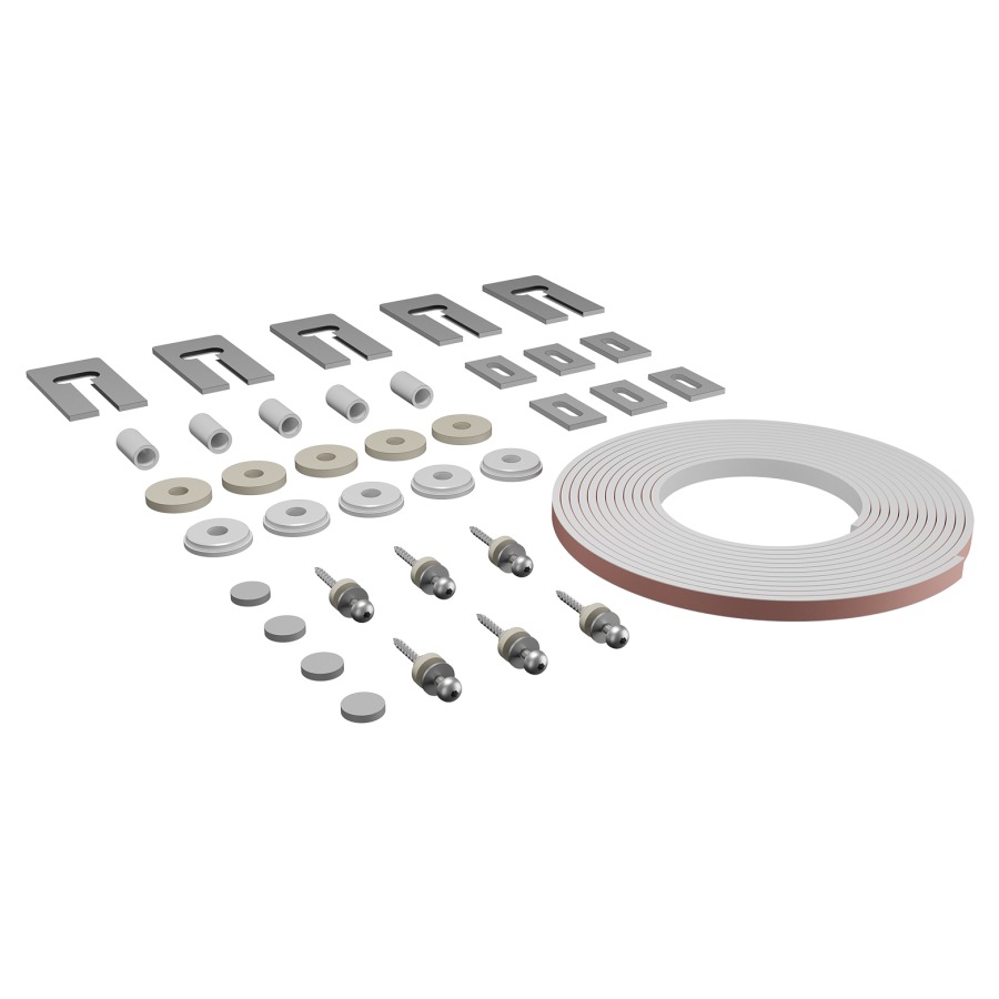 ISO-SET d'isolation phonique
pour meuble inférieur de
lavabo de 201-250 cm largeur
6.4 m ruban en caoutchouc
autocollant
6 bases pour consoles
6 douilles en caoutchouc
6 rondelles-U insonorisées
4 rondelles en caoutchouc
6 vis Iso
eco 2, pour exigences accrues selon SIA&nbsp;181
