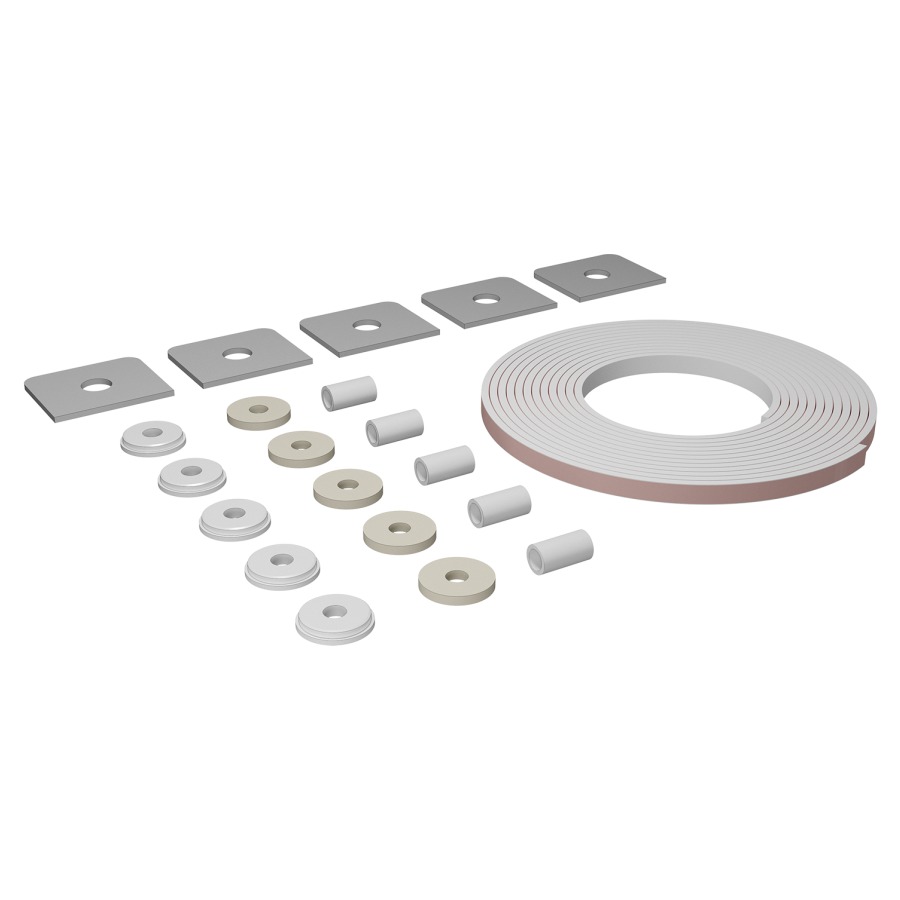 ISO-SET d'isolation phonique
pour lavabos double et
lavabos largeur 161-210 cm
4.5 m ruban en caoutchouc
autocollant
5 douilles en caoutchouc
5 rondelles-U
5 bases en caoutchouc
eco 2, pour exigences accrues selon SIA&nbsp;181