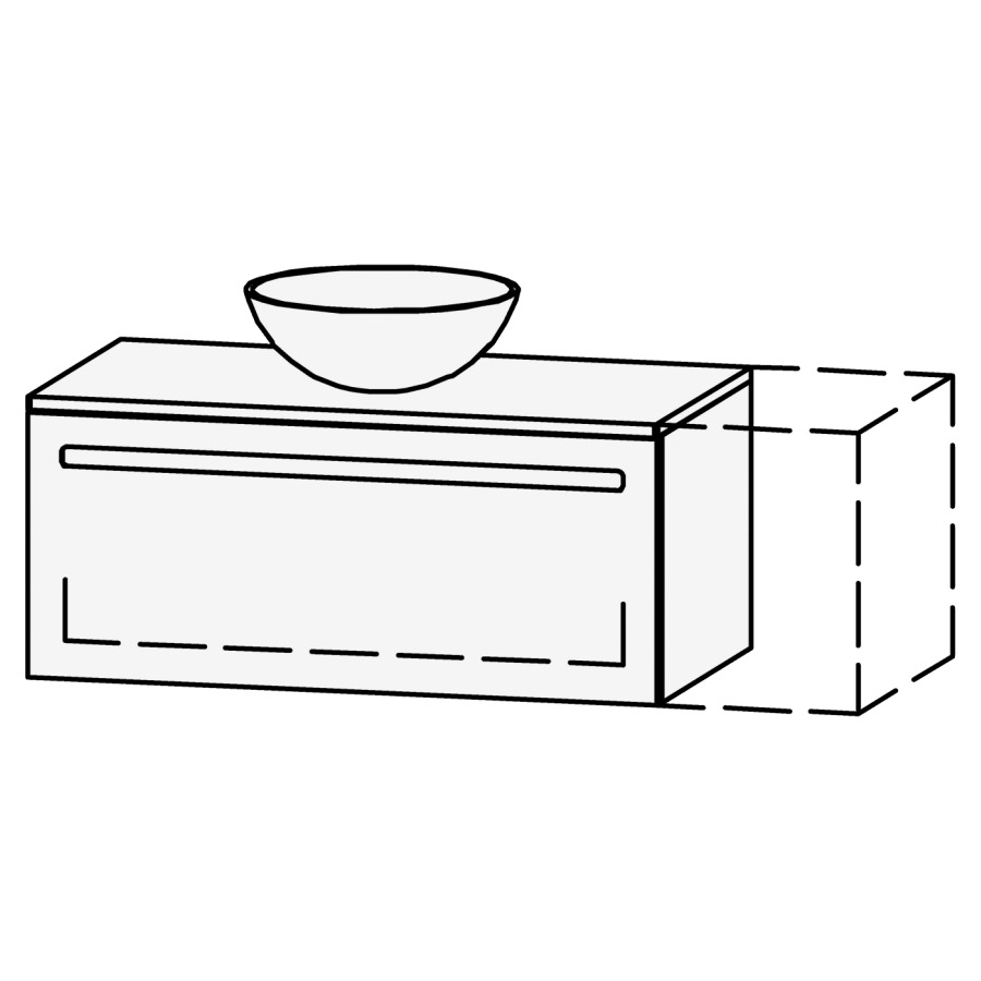 Möbelkombination Vanity Amana
91-120 x 42 x 50.5 cm
mit Waschtischabdeckung 2 cm in 
Massivholz Asteiche oder Nussbaum lackiert
für 1 Aufsatzwaschtisch
Schubladenelement, 1 Schublade
mit Blumotion, Legrabox schwarz
ohne Sifonverkleidung
inkl. Konsolen