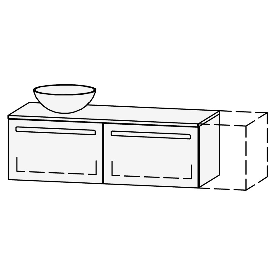 Möbelkombination Vanity Amana
120-150 x 42 x 50.5 cm
mit Waschtischabdeckung 2 cm in 
Massivholz Asteiche oder Nussbaum lackiert
für Aufsatzwaschtisch links
2 Schubladenelemente, je 1 Schublade
mit Blumotion, Legrabox schwarz
ohne Sifonverkleidung
inkl. Konsolen