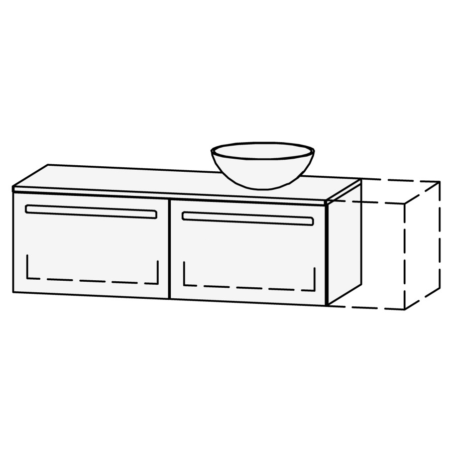 Möbelkombination Vanity Amana
120-150 x 42 x 50.5 cm
mit Waschtischabdeckung 2 cm in 
Massivholz Asteiche oder Nussbaum lackiert
für Aufsatzwaschtisch rechts
2 Schubladenelemente, je 1 Schublade
mit Blumotion, Legrabox schwarz
ohne Sifonverkleidung
inkl. Konsolen
