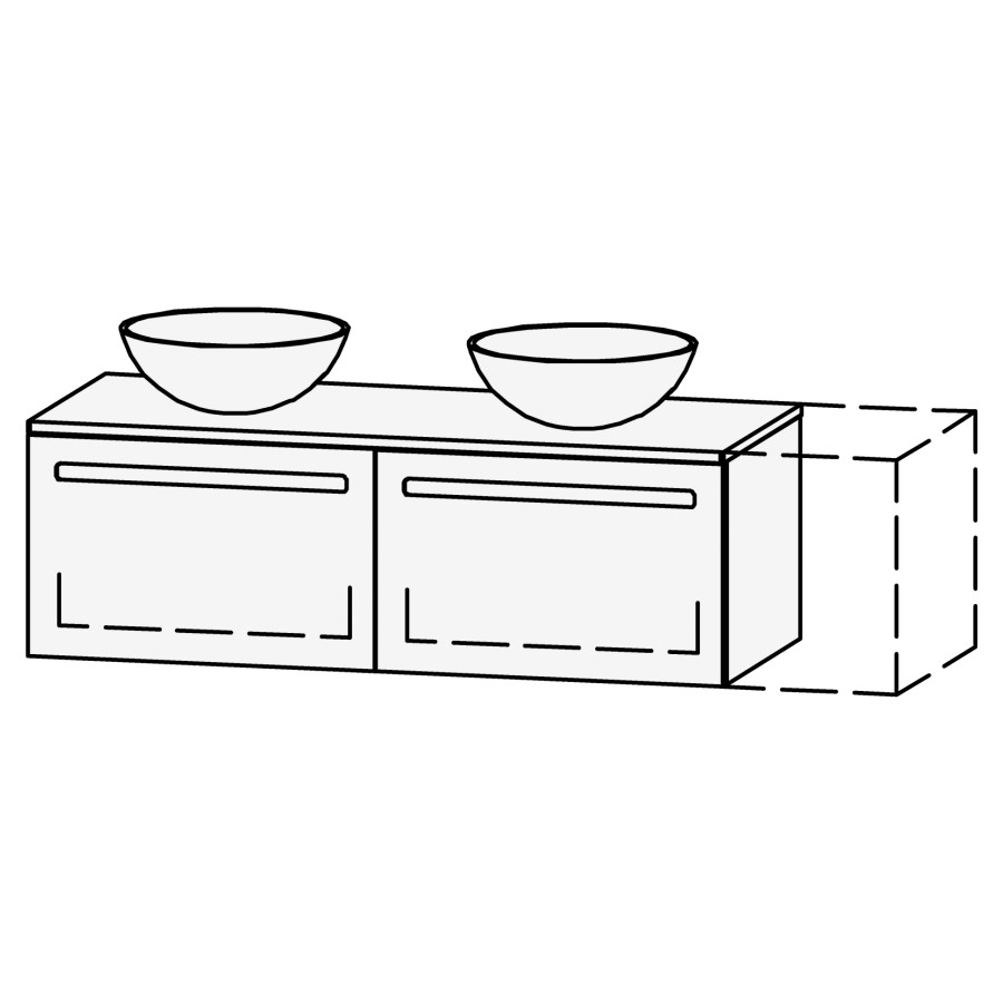 Combinaison de meuble Vanity Amana
120-150 x 42 x 50.5 cm
avec table de lavabo 2 cm bois massif verni 
en chêne  noueux ou en noyer
pour 2 lavabos à poser
2&nbsp;éléments de tiroir, 1&nbsp;tiroir chacune
avec Blumotion, Legrabox noir
sans cache-siphon
incl. consoles