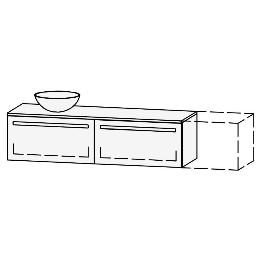 Möbelkombination Vanity Amana
151-200 x 42 x 50.5 cm
mit Waschtischabdeckung 2 cm in 
Massivholz Asteiche oder Nussbaum lackiert
für Aufsatzwaschtisch links
2 Schubladenelemente, je 1 Schublade
mit Blumotion, Legrabox schwarz
ohne Sifonverkleidung
inkl. Konsolen