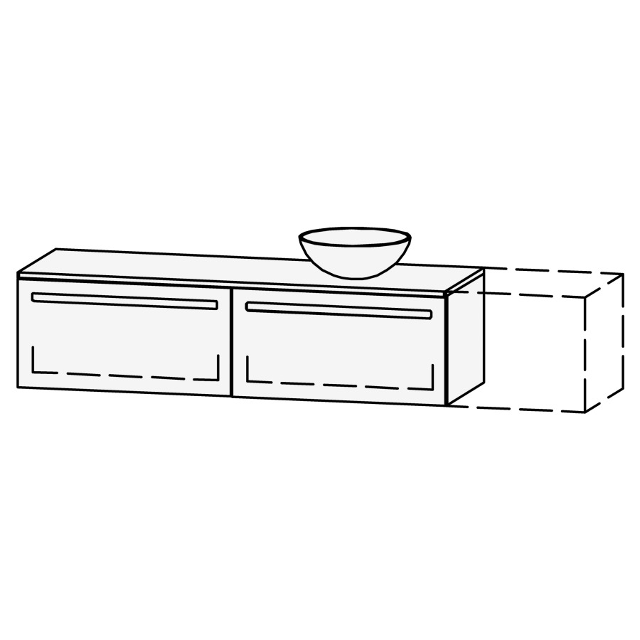 Möbelkombination Vanity Amana
151-200 x 42 x 50.5 cm
mit Waschtischabdeckung 2 cm in 
Massivholz Asteiche oder Nussbaum lackiert
für Aufsatzwaschtisch rechts
2 Schubladenelemente, je 1 Schublade
mit Blumotion, Legrabox schwarz
ohne Sifonverkleidung
inkl. Konsolen