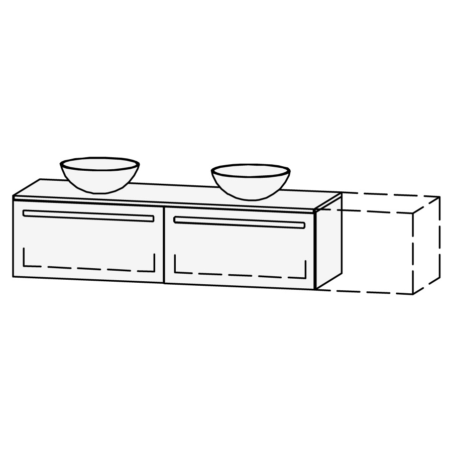 Möbelkombination Vanity Amana
151-200 x 42 x 50.5 cm
mit Waschtischabdeckung 2 cm in 
Massivholz Asteiche oder Nussbaum lackiert
für 2 Aufsatzwaschtische
2 Schubladenelemente, je 1 Schublade
mit Blumotion, Legrabox schwarz
ohne Sifonverkleidung
inkl. Konsolen