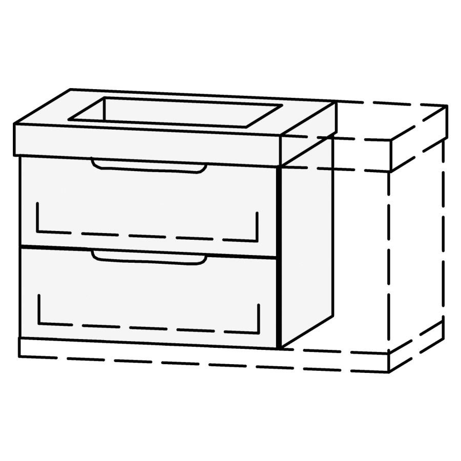 Élément inférieur  Vanity Keramik Mirina
76-95 x 55 x 35-50 cm
élément avec 2 tiroirs, Legrabox noir
extrait complet avec Blumotion
1 cache-siphon
zone de préhension fraisée