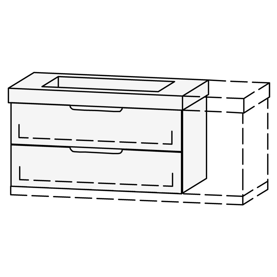 Élément inférieur  Vanity Keramik Mirina
96-131 x 55 x 35-50 cm
élément avec 2 tiroirs, Legrabox noir
extrait complet avec Blumotion
1 cache-siphon
zone de préhension fraisée