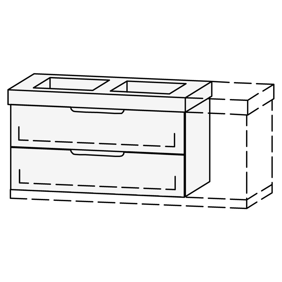 Élément inférieur  Vanity Keramik Mirina
96-131 x 55 x 35-50 cm
élément avec 2 tiroirs, Legrabox noir
extrait complet avec Blumotion
2 caches-siphon
zone de préhension fraisée
