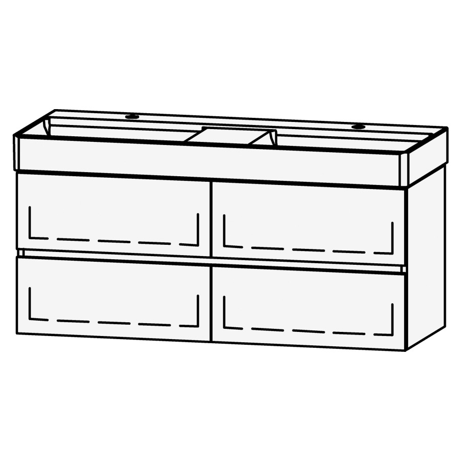 Élément inférieur  Vanity DuraSquare Line
118.5 x 52 x 45.5 cm
2&nbsp;éléments de tiroir, 2&nbsp;tiroirs chacune
avec Blumotion, pour lavabo double
2 caches-siphon
