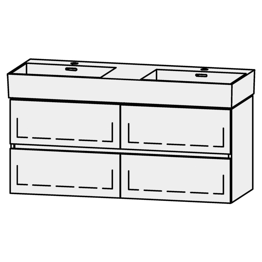 Élément inférieur  Vanity Extra Line
119.5 x 52 x 44 cm
2&nbsp;éléments de tiroir, 2&nbsp;tiroirs chacune
extrait complet avec Blumotion
sans cache-siphon