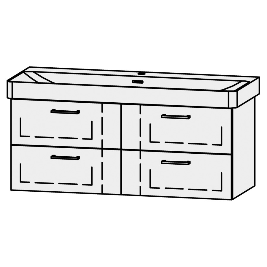 Unterbau Vanity Pro X
116 x 50 x 44 cm
2 Schubladenelemente, je 2 Schubladen
mit Blumotion, für Waschtisch 105545
1 Armaturenloch
Blindabdeckung für Sifon