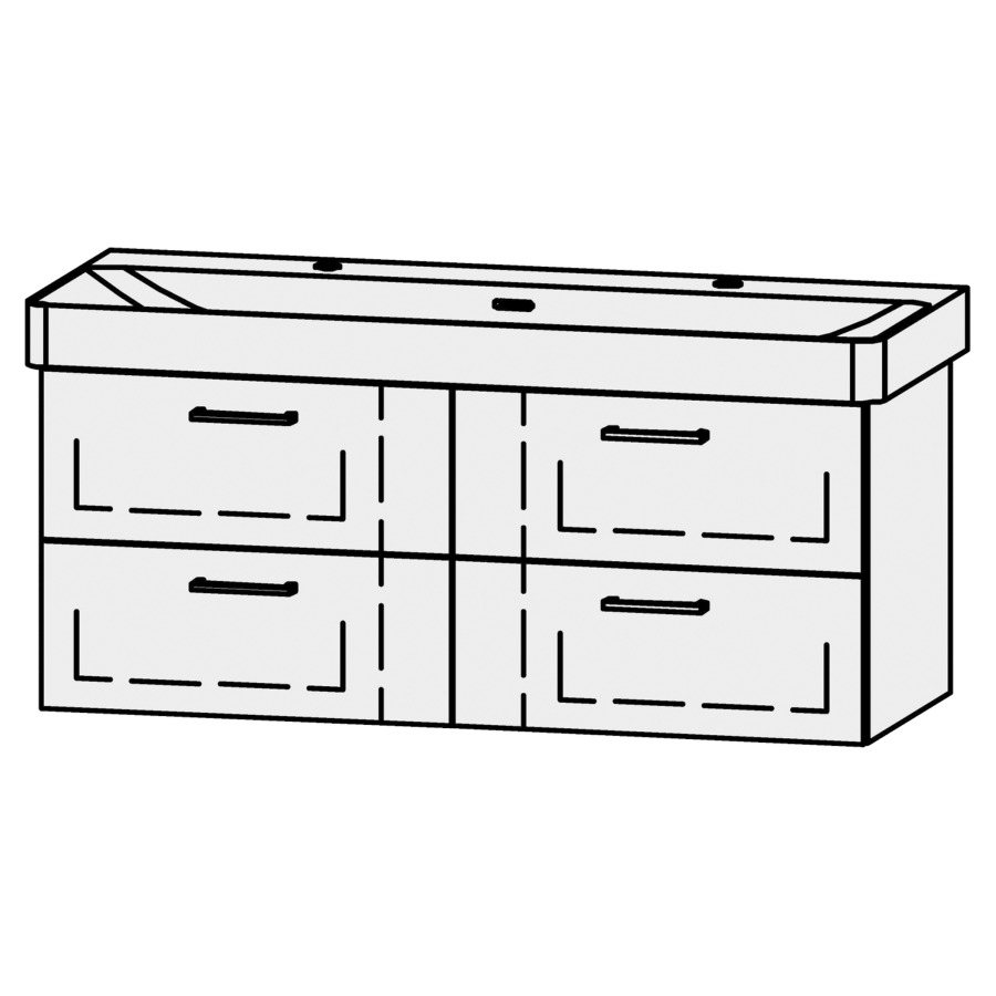 Unterbau Vanity Pro X
116 x 50 x 44 cm
2 Schubladenelemente, je 2 Schubladen
mit Blumotion, für Waschtisch 105545
2 Armaturenlöcher
Blindabdeckung für Sifon