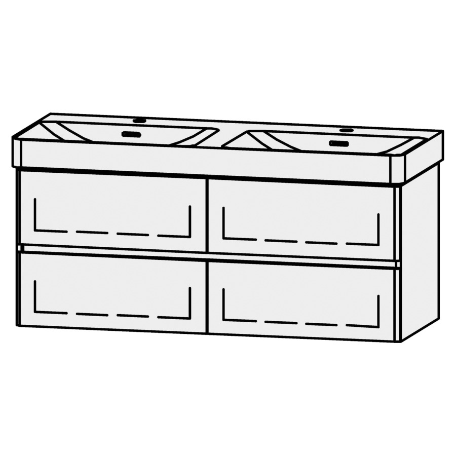 Unterbau Vanity Pro X Line
117.5 x 50 x 44.7 cm
2 Schubladenelemente, je 2 Schubladen
mit Blumotion, Fronten abgerundet
für Doppelwaschtisch 105547
2 Armaturenlöcher, 2 Sifonverkleidungen