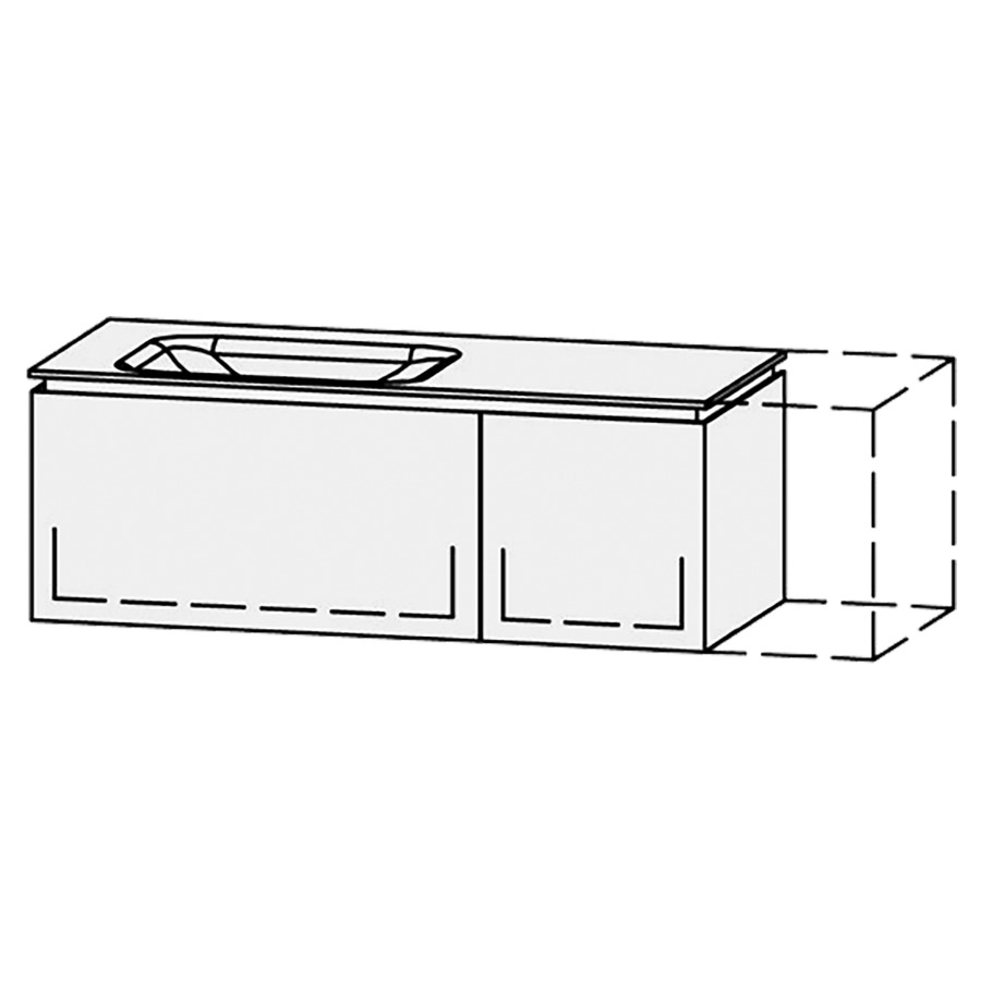 Möbelkombination Vanity Aquino 2
120-150 x 43.7 x 53 cm
mit Waschtisch, Corian Glacier White 1.2 cm
Becken links 55 cm, ohne Überlauf
2 Schubladenelemente, je 1 Schublade 80/40-70 cm
mit Blumotion, Legrabox schwarz
ohne Sifonverkleidung
inkl. Konsolen