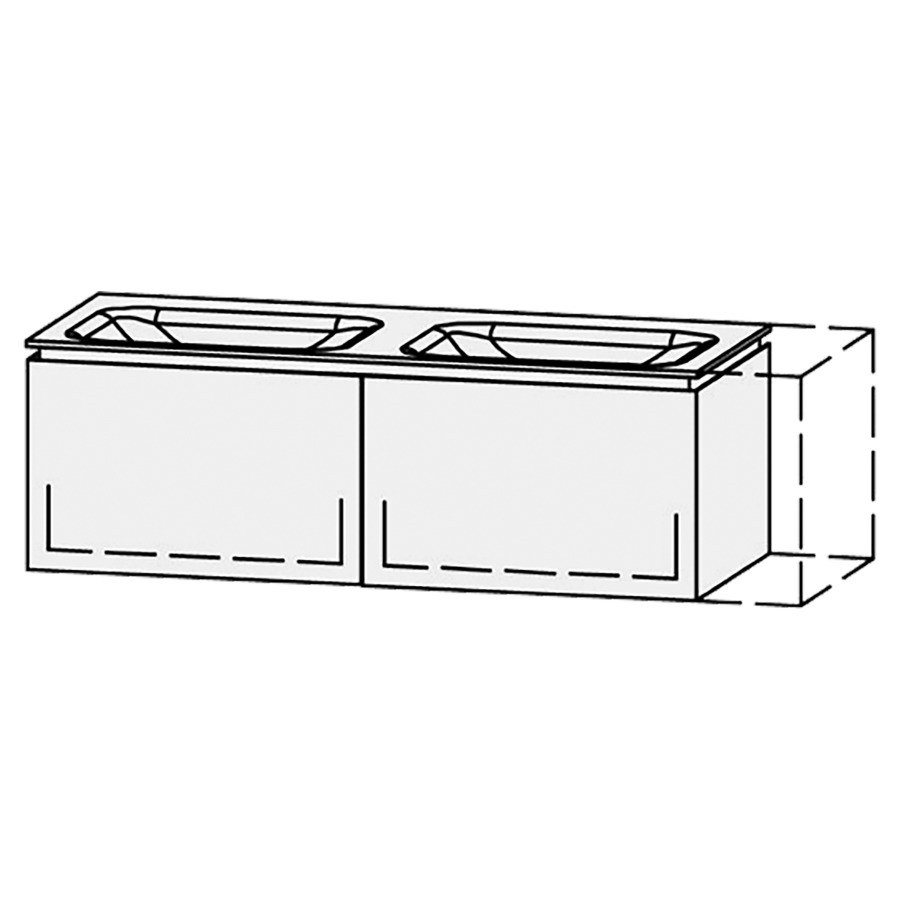 Möbelkombination Vanity Aquino 2
130-150 x 43.7 x 53 cm
mit Waschtisch, Corian Glacier White 1.2 cm
2 Becken 55 cm, ohne Überlauf
2 Schubladenelemente, je 1 Schublade
mit Blumotion, Legrabox schwarz
ohne Sifonverkleidung
inkl. Konsolen