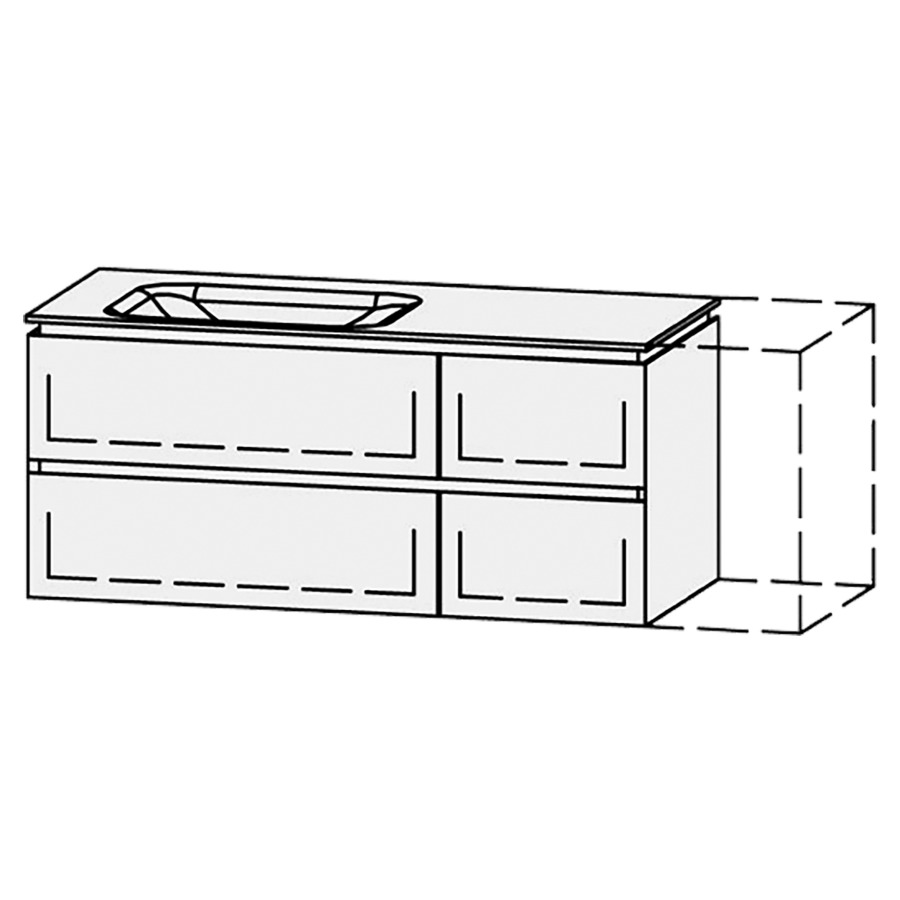 Möbelkombination Vanity Aquino 2 Line
120-150 x 53.7 x 53 cm
mit Waschtisch, Corian Glacier White 1.2 cm
Becken links 55 cm, ohne Überlauf
2 Schubladenelemente, je 2 Schubladen 80/40-70 cm
mit Blumotion, Legrabox schwarz
1 Sifonverkleidung
inkl. Konsolen