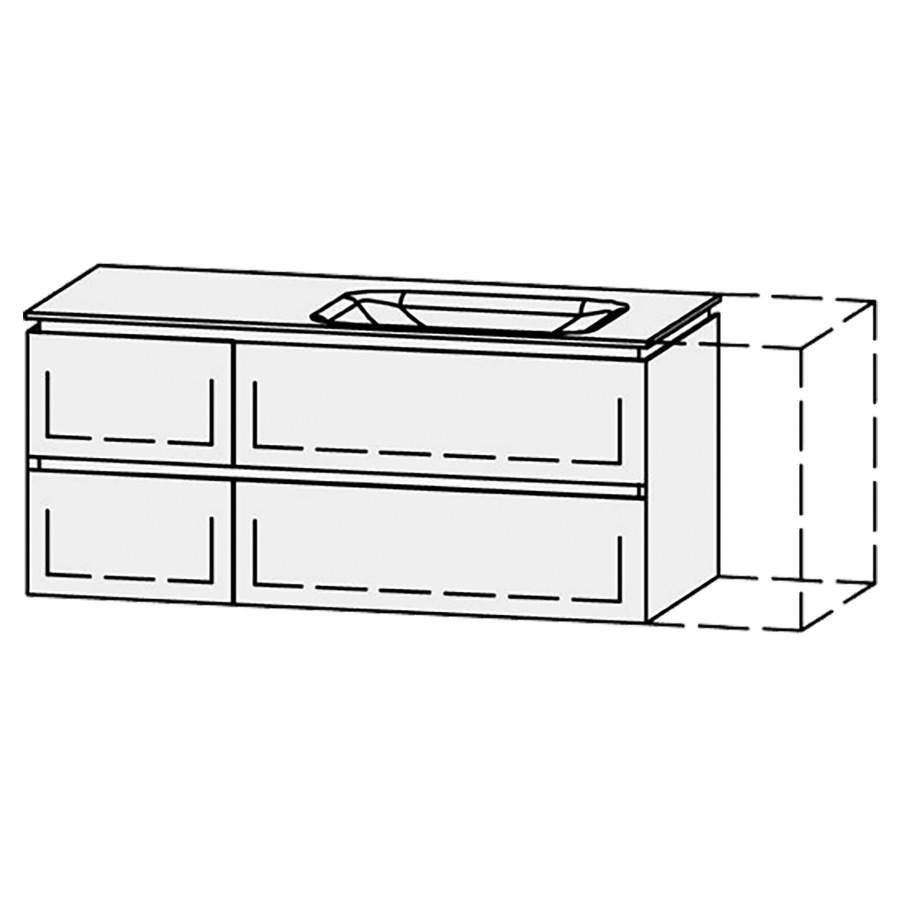 Möbelkombination Vanity Aquino 2 Line
120-150 x 53.7 x 53 cm
mit Waschtisch, Corian Glacier White 1.2 cm
Becken rechts 55 cm, ohne Überlauf
2 Schubladenelemente, je 2 Schubladen 40-70/80 cm
mit Blumotion, Legrabox schwarz
1 Sifonverkleidung
inkl. Konsolen