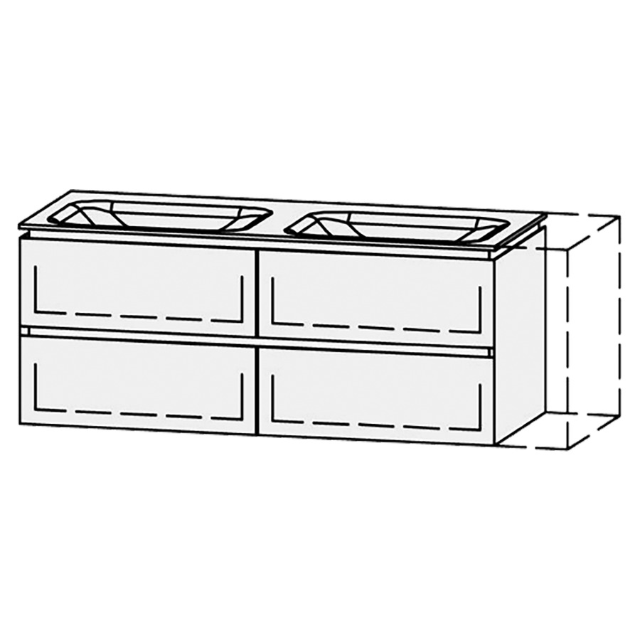 Möbelkombination Vanity Aquino 2 Line
130-150 x 53.7 x 53 cm
mit Waschtisch, Corian Glacier White 1.2 cm
2 Becken 55 cm, ohne Überlauf
2 Schubladenelemente, je 2 Schubladen
mit Blumotion, Legrabox schwarz
2 Sifonverkleidungen
inkl. Konsolen