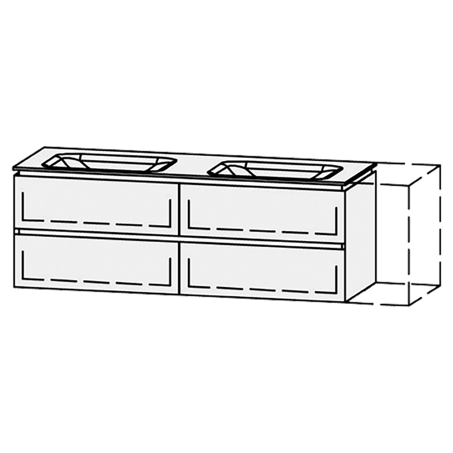 Möbelkombination Vanity Aquino 2 Line
151-180 x 53.7 x 53 cm
mit Waschtisch, Corian Glacier White 1.2 cm
2 Becken 55 cm, ohne Überlauf
2 Schubladenelemente, je 2 Schubladen
mit Blumotion, Legrabox schwarz
2 Sifonverkleidungen
inkl. Konsolen