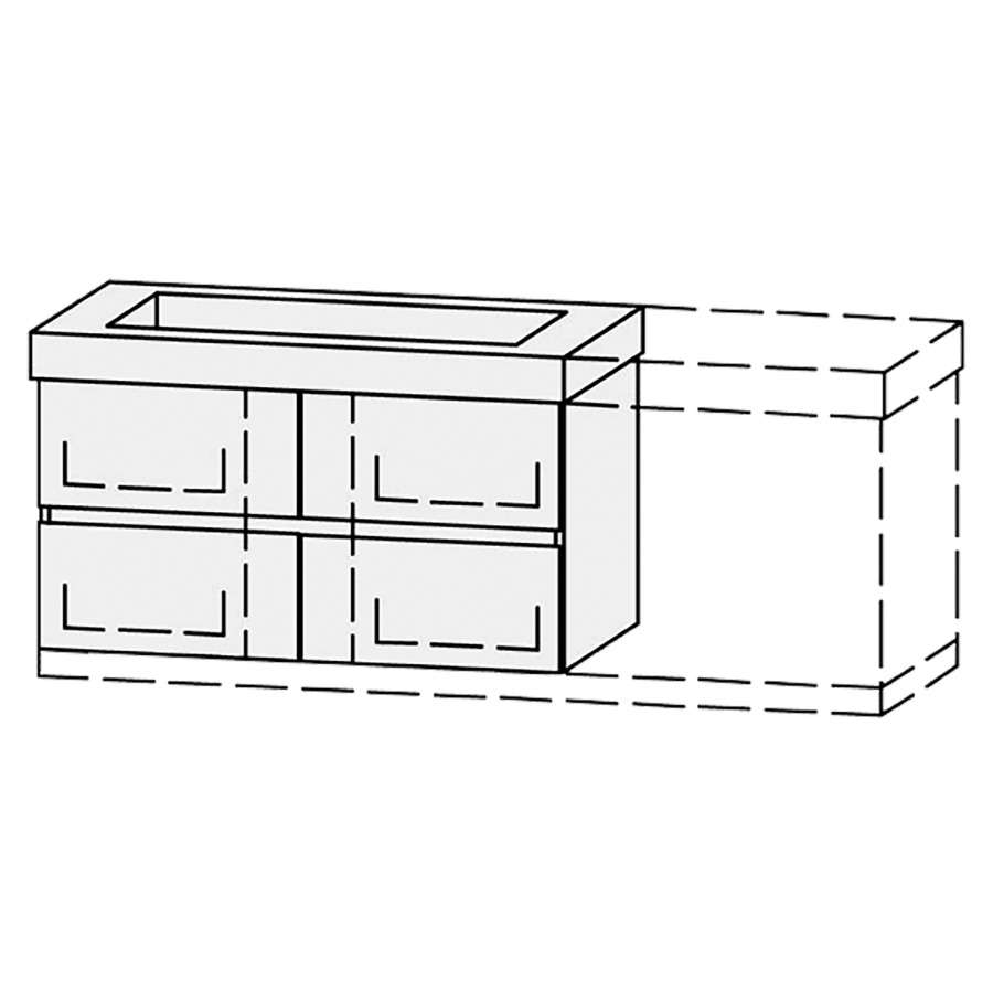 Élément inférieur  Vanity Keramik Mea 2 Line 
126-156 x 55 cm
2&nbsp;éléments de tiroir, 2&nbsp;tiroirs chacune
avec Blumotion, pour lavabo au milieu
niche pour le siphon