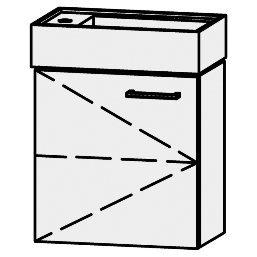 Élément inférieur
Vanity Kartell 46
45 x 50 x 26,7 cm
élément avec 1 porte
charnières à gauche
porte avec Blumotion
1 rayon réglable
lavabo à droite
