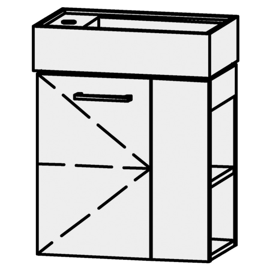 Élément inférieur
Vanity Kartell 46
45 x 50 x 26,7 cm
élément avec 1 porte
charnières à gauche
porte avec Blumotion
1 rayon réglable
niche ouverte sur le
côté droit
1 rayon réglable
lavabo à droite