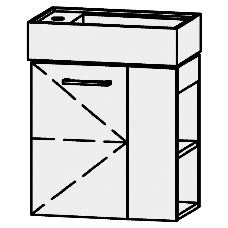 Élément inférieur  Vanity Kartell
45 x 50 x 26.7 cm
armoire de tablette, 1&nbsp;porte
charnière à gauche, 1&nbsp;tablette
niche ouvertte sur le côté droit
avec Blumotion
pour lavabo à droite