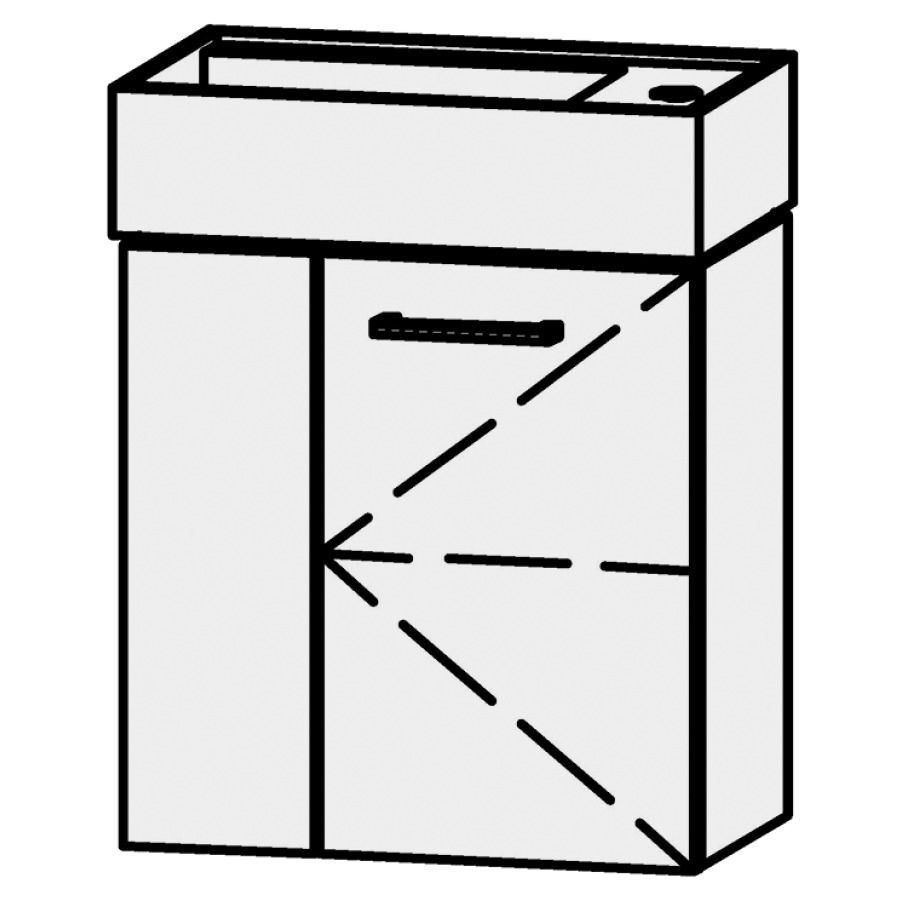 Élément inférieur  Vanity Kartell
45 x 50 x 26.7 cm
armoire de tablette, 1&nbsp;porte
charnière à droite, 1&nbsp;tablette
niche ouvertte sur le côté gauche
avec Blumotion
pour lavabo à gauche