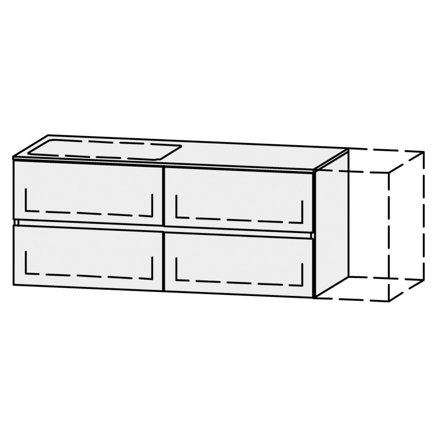 Möbelkombination Vanity Zoe
120-150 x 58.2 x 52 cm
mit Waschtischabdeckung Avian White Zoe 1.2 cm
für Becken links
2 Schubladenelemente, je 2 Schubladen
mit Blumotion, Legrabox schwarz
1 Sifonverkleidung
inkl. Konsolen
