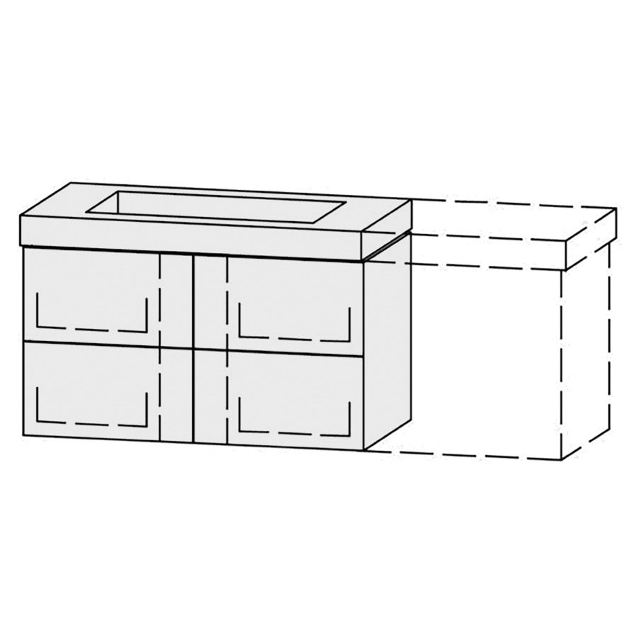 Élément inférieur  Vanity Keramik Pasofino 
129.8-159.8 x 55 cm
2&nbsp;éléments de tiroir, 2&nbsp;tiroirs chacune
avec Blumotion, Legrabox noir
pour 1&nbsp;lavabo, niche pour le siphon