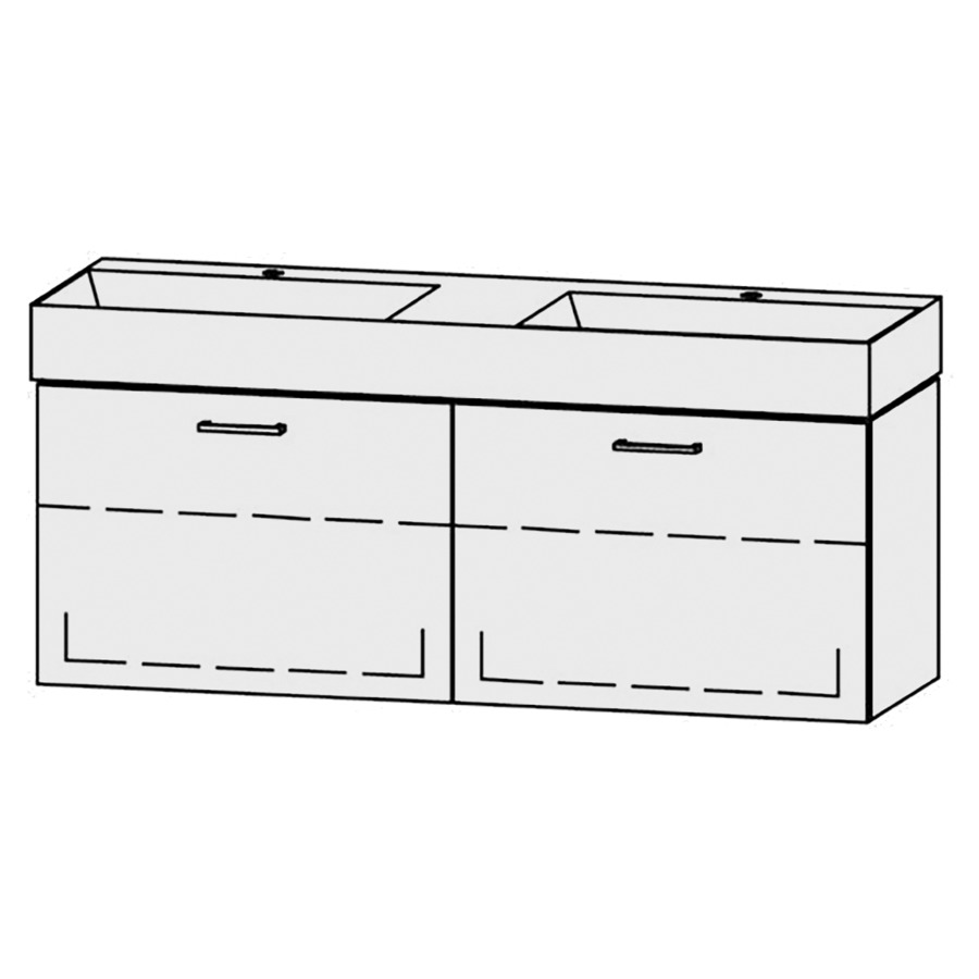 Lavabo-meuble
Vanity Seto Easy 142
141 x 45 x 44,5 cm
2 éléments avec 1 tiroir
extrait complet avec Blumotion
sans caches-siphon
1 rayon réglable chacun
lavabo céramique Seto incl.,
sans trop-plein
largeur du lavabo 60 cm.
2 trous pour robinetterie