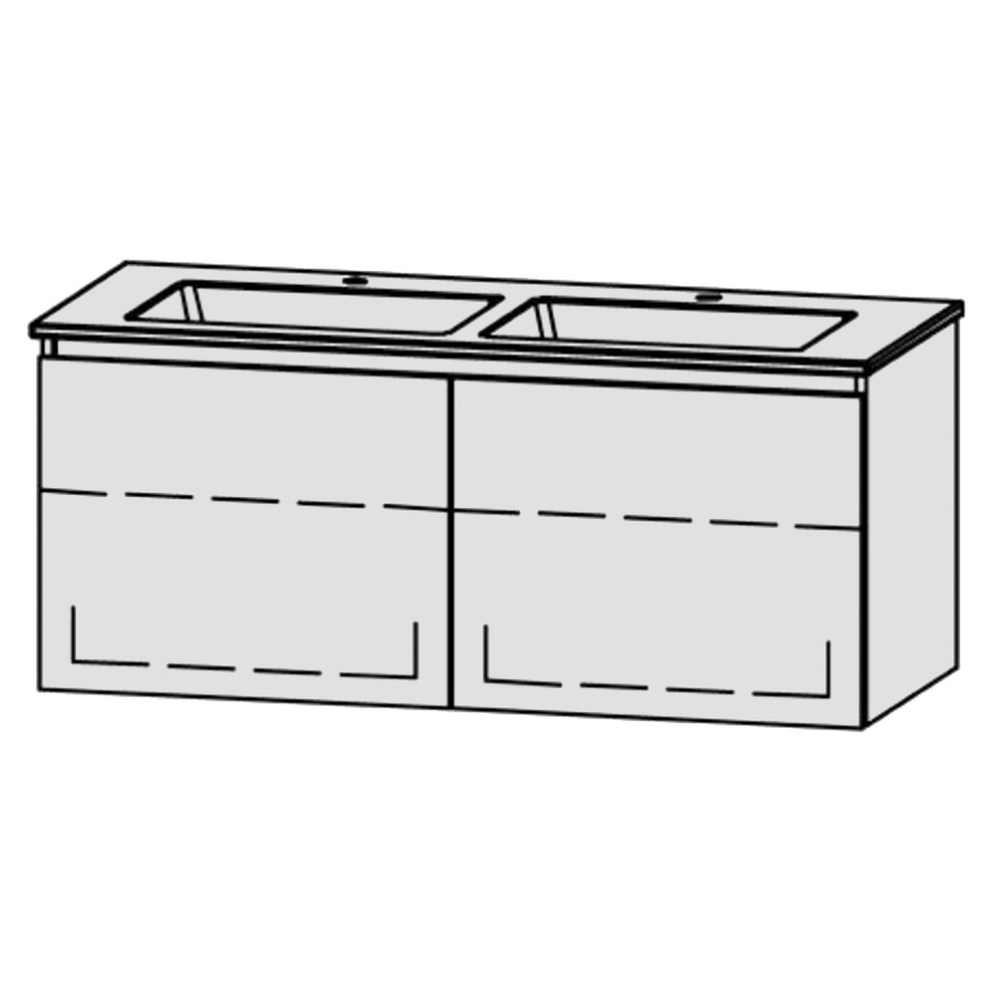 Möbelkombination Procasa Uno Easy Style 
120.5 x 50 x 50.5 cm
Doppelwaschtisch Keramik Procasa Uno 121.5/2021 
mit Überlauf und 2 Armaturenlöcher
2 Schubladenelemente, je 1 Schublade
je 1 Tablar verstellbar
mit Blumotion Funktion
ohne Sifonverkleidung