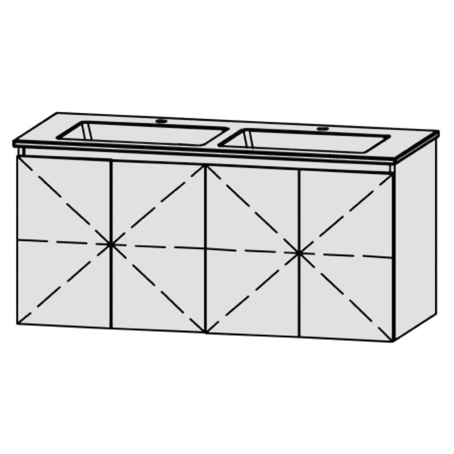 Möbelkombination Procasa Uno Style 
120.5 x 55 x 50.5 cm
Doppelwaschtisch Keramik Procasa Uno 121.5/2021 
mit Überlauf und 2 Armaturenlöcher
2 Tablarschränke, je 2 Türen
je 1 Tablar verstellbar
mit Blumotion Funktion