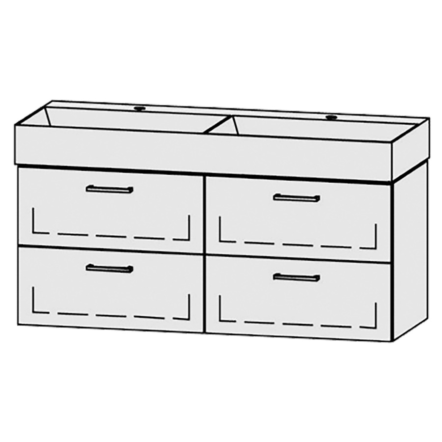 Combinaison de meuble Vanity Seto
121 x 50 x 44.5 cm
avec lavabo double Céramique Seto 122 cm
2 trous pour robinetteries, sans trop-plein
2&nbsp;éléments de tiroir, 2&nbsp;tiroirs chacune
avec Blumotion
sans cache-siphon