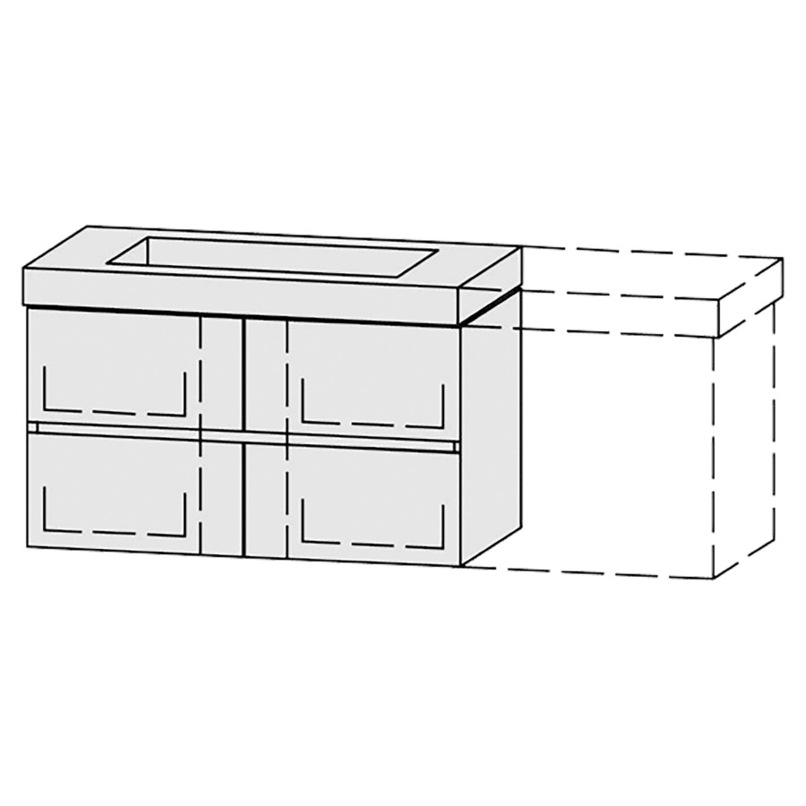 Élément inférieur  Vanity Keramik Pasofino Line 
129.8-159.8 x 55 cm
2&nbsp;éléments de tiroir, 2&nbsp;tiroirs chacune
avec Blumotion, Legrabox noir
pour 1&nbsp;lavabo, niche pour le siphon