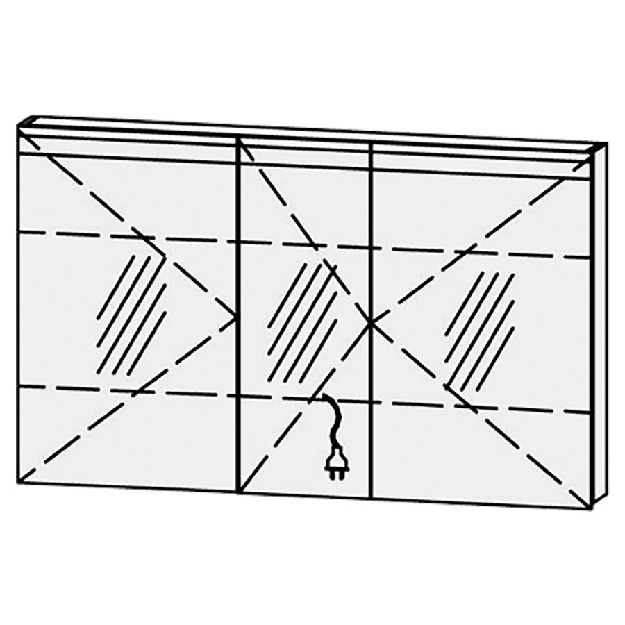 Armoire de toilette Vanity-Flat New
130 x 77.6 x 15.1 cm
3&nbsp;portes à double miroir (50/30/50)
charnière à gauche, avec Blumotion
éclairage LED 
4000 Kelvin, 2340 Lumen
2 rayons en verre régl. chacun
1 prise double en bas
portes satiné dans la zone lumineuse
Classe d’énergie C, IP24