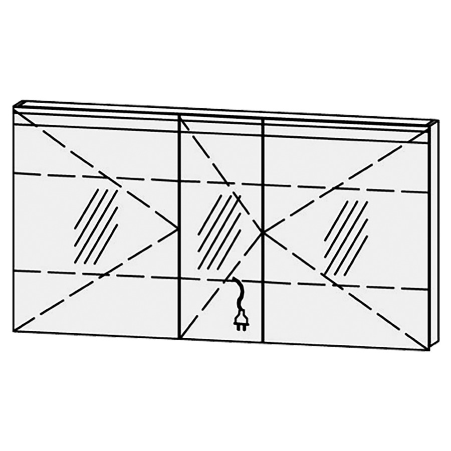 Armoire de toilette Vanity-Flat New
150 x 77.6 x 15.1 cm
3&nbsp;portes à double miroir (60/30/60)
charnière à gauche, avec Blumotion
éclairage LED 
4000 Kelvin, 2700 Lumen
2 rayons en verre régl. chacun
1 prise double en bas
portes satiné dans la zone lumineuse
Classe d’énergie C, IP24