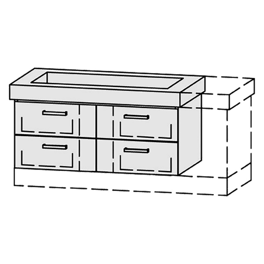 Élément inférieur  Vanity Keramik 
116-135 x 55 cm
2&nbsp;éléments de tiroir, 2&nbsp;tiroirs chacune
avec Blumotion, pour lavabo au milieu
niche pour le siphon