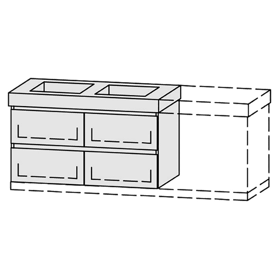 Élément inférieur  Vanity Keramik Mea 2 Style 
96-125 x 55 cm
2&nbsp;éléments de tiroir, 2&nbsp;tiroirs chacune
avec Blumotion, pour 2&nbsp;lavabos
2 caches-siphon