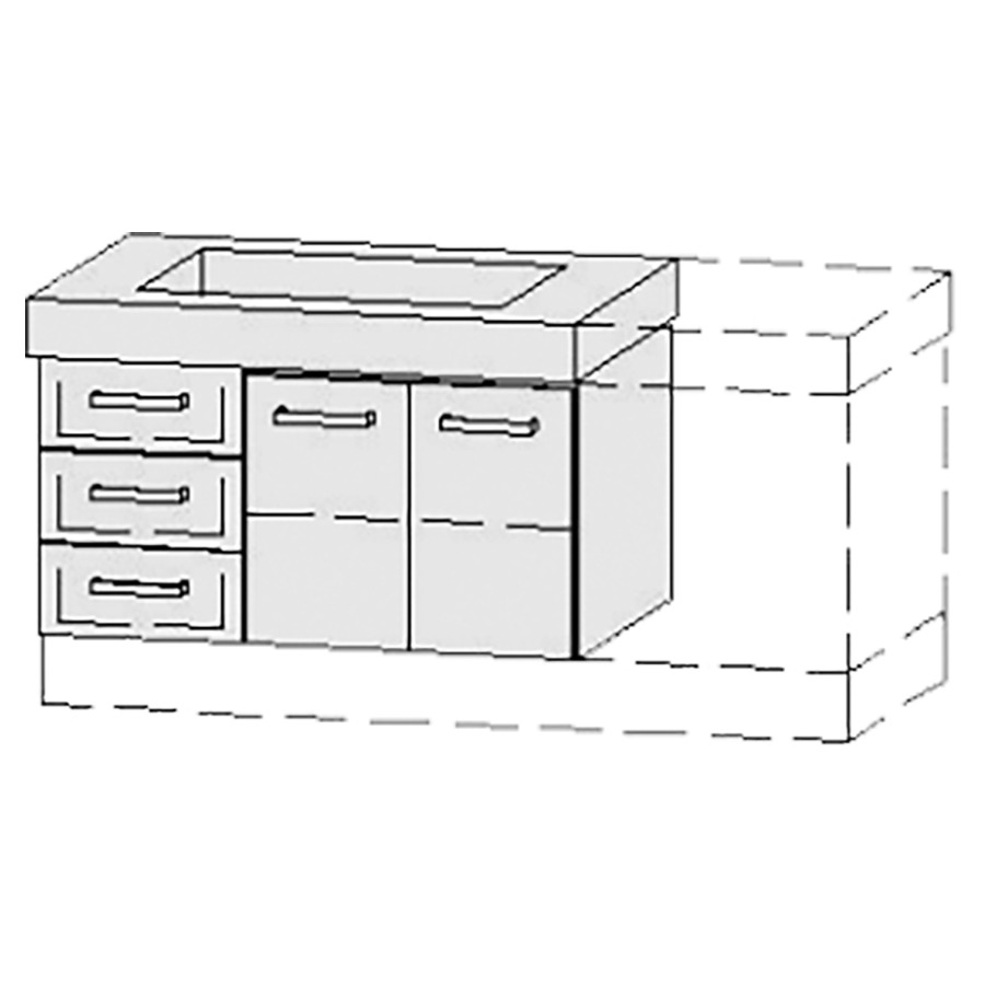 Élément inférieur  Vanity Keramik 
76-116 x 55 cm
élément de tiroir, 3&nbsp;tiroirs
armoire de tablette, 2&nbsp;portes
1&nbsp;tablette
avec Blumotion
pour 1&nbsp;lavabo