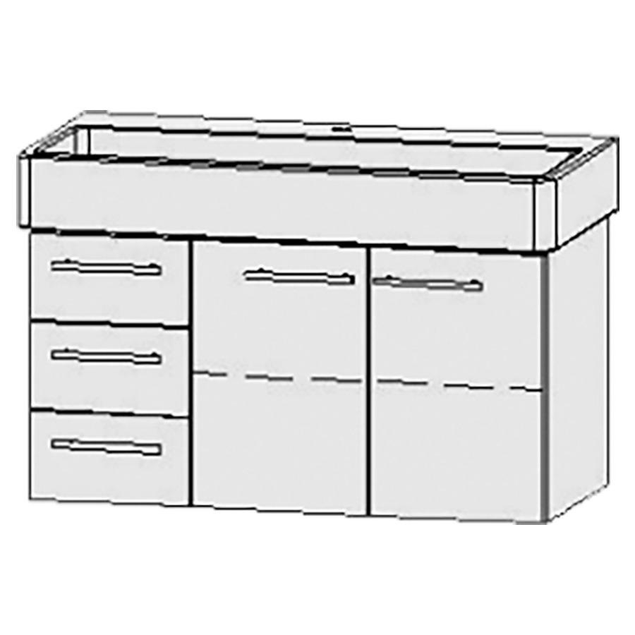 Élément inférieur  Vanity Vero/Vero Air
96 x 50 x 45 cm
élément de tiroir, 3&nbsp;tiroirs
armoire de tablette, 2&nbsp;portes
1&nbsp;tablette
avec Blumotion
pour lavabo
1 trou pour robinetterie