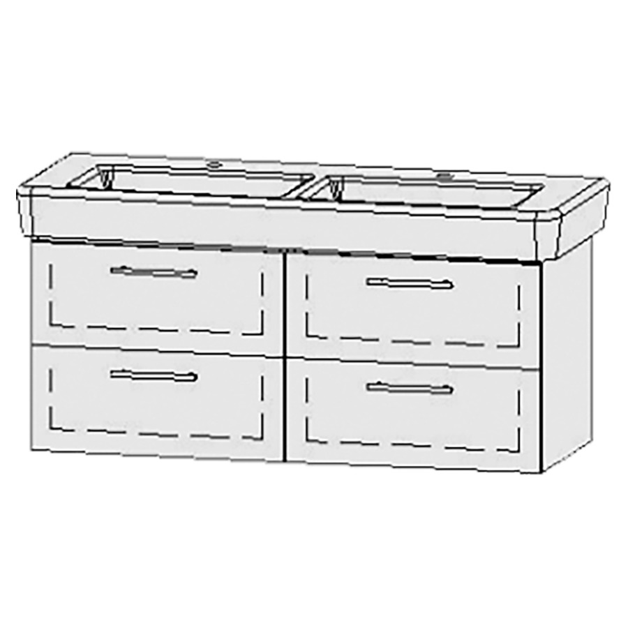 Élément inférieur  Vanity Pro
121 x 50 x 44.8 cm
2&nbsp;éléments de tiroir, 2&nbsp;tiroirs chacune
avec Blumotion
2 caches-siphon
pour lavabo double